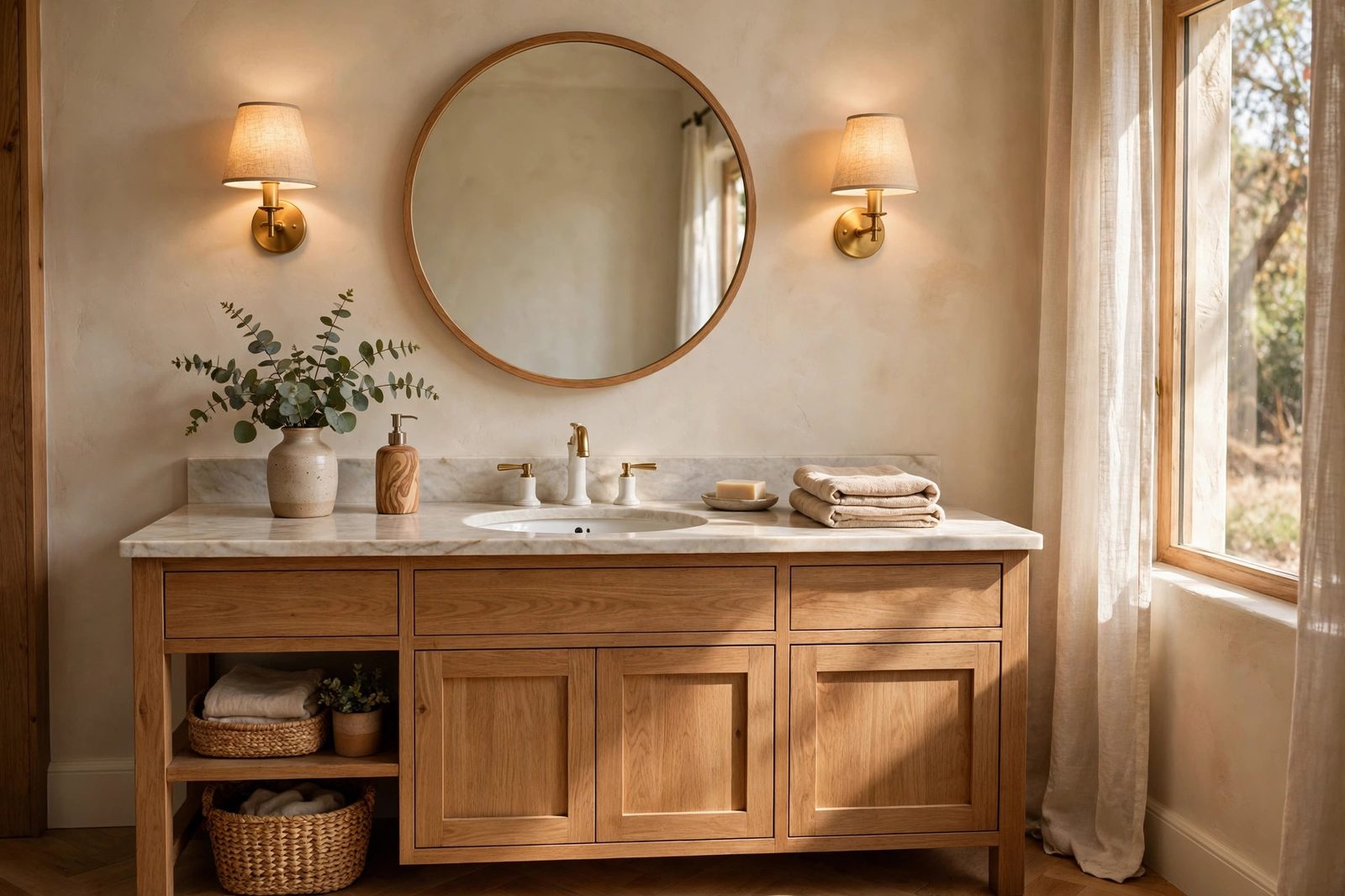 Bathroom vanity with round mirror and warm sconce lighting