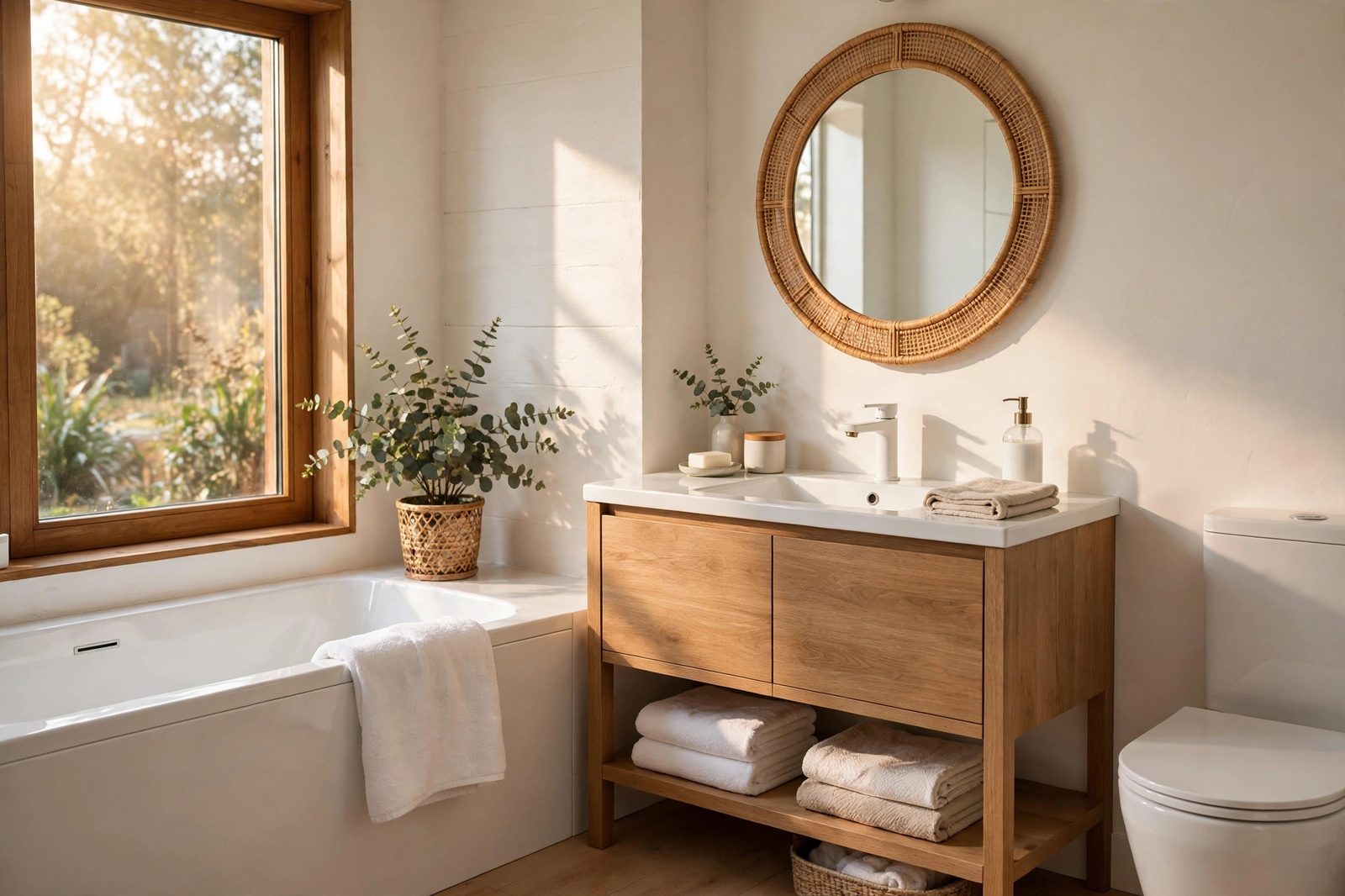 Modern bathroom with white fixtures and a round rattan mirror