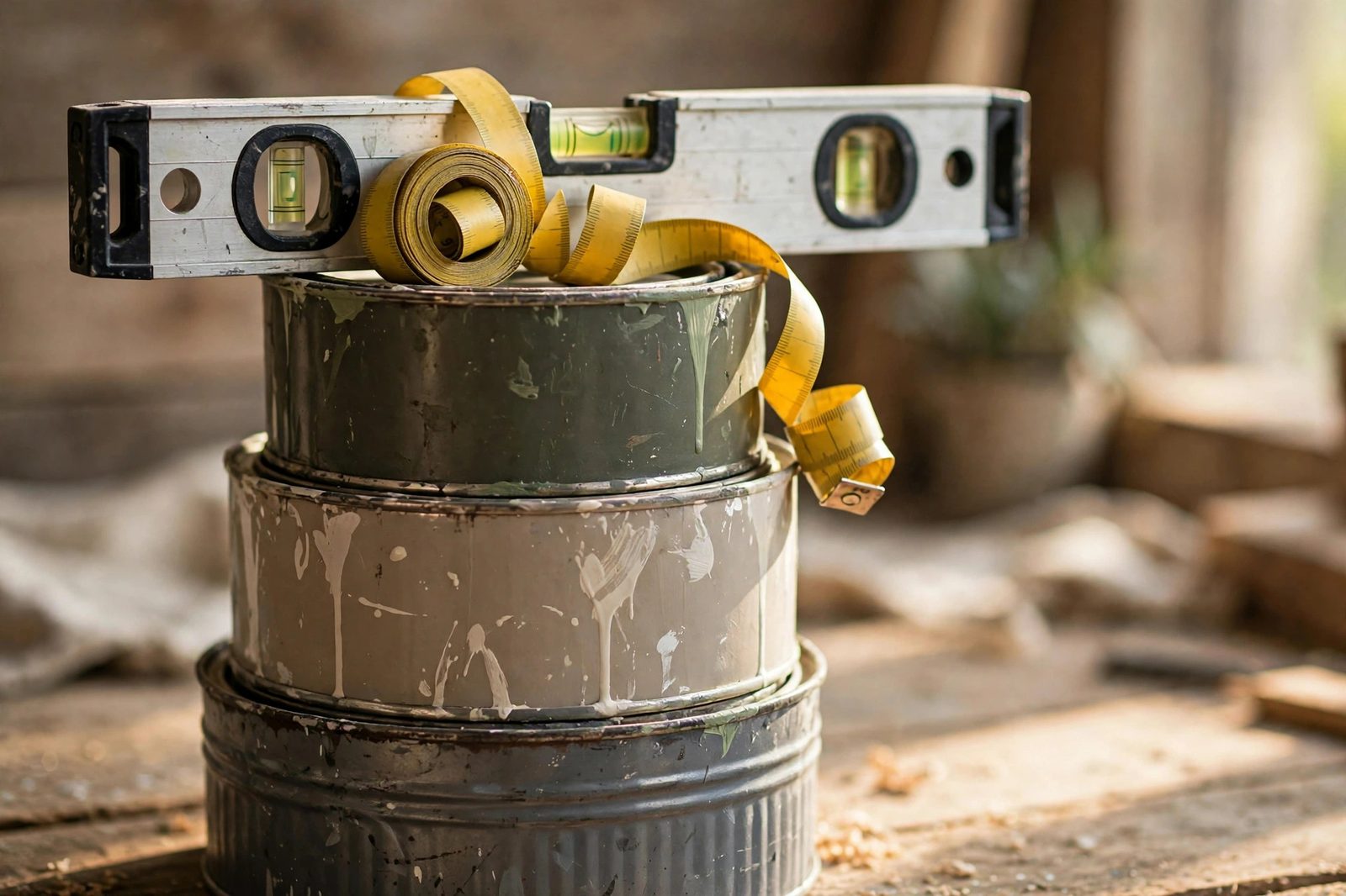 Tape measure and spirit level on paint-splattered paint cans