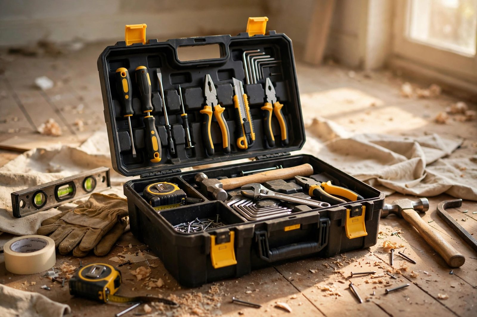 Open toolbox with hand tools on a renovation floor