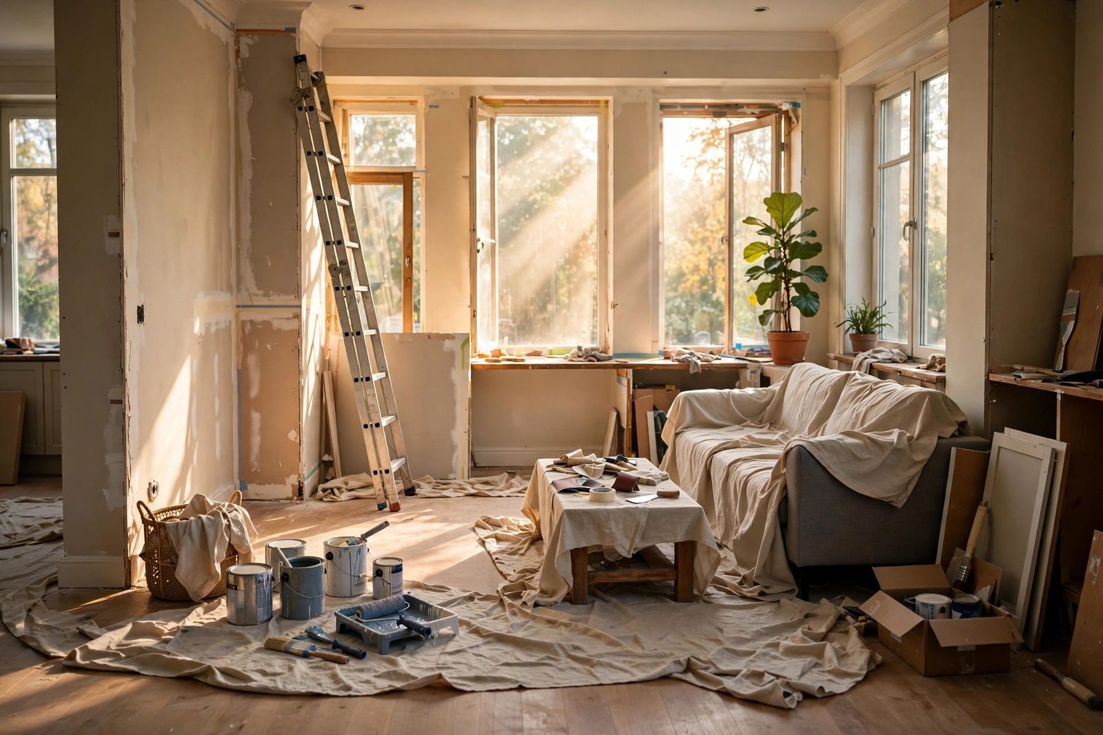 Sunlit living room mid-renovation with drop cloths, ladder, and paint cans