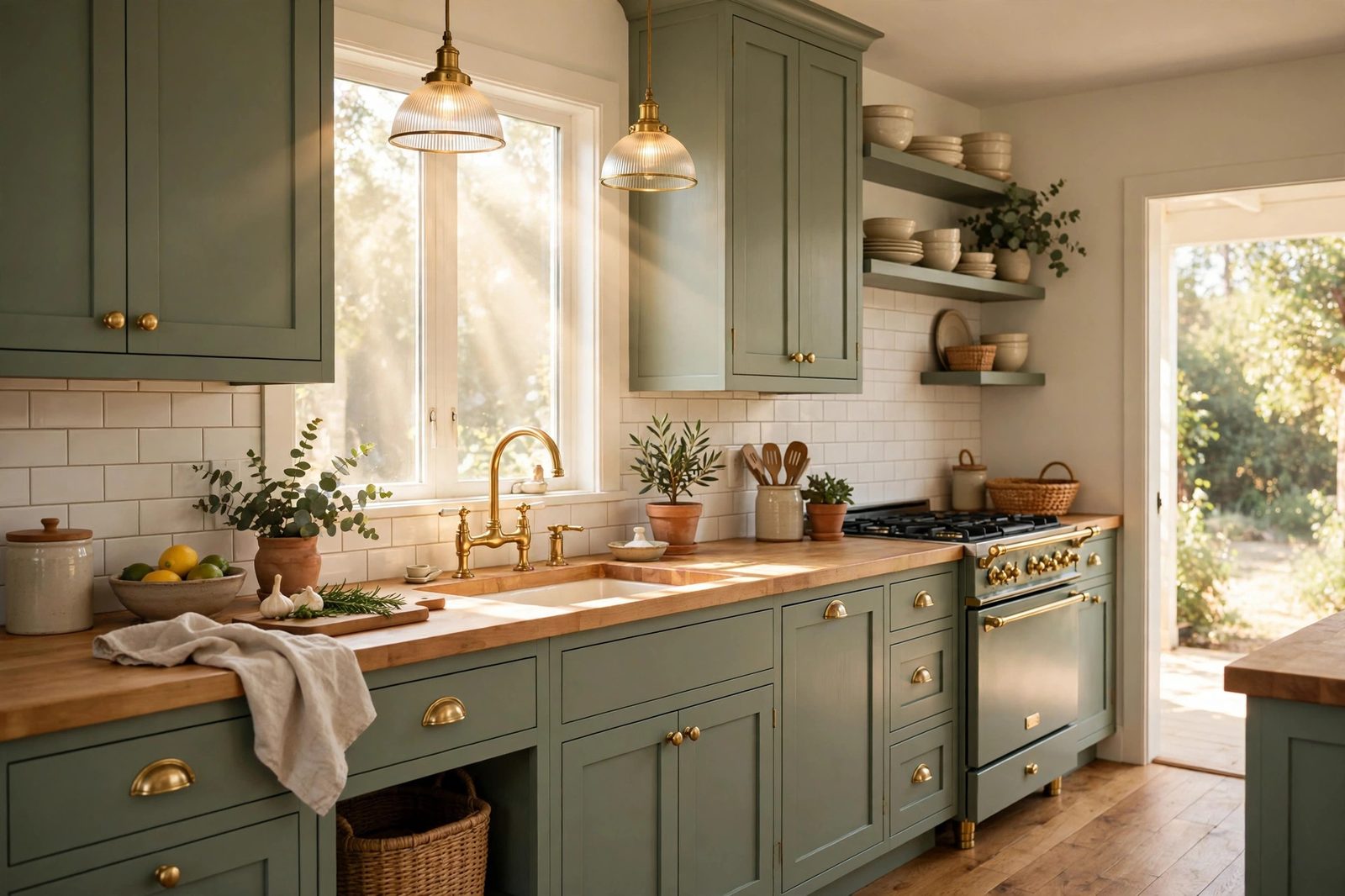 Bright kitchen with painted sage-green cabinets and brass hardware