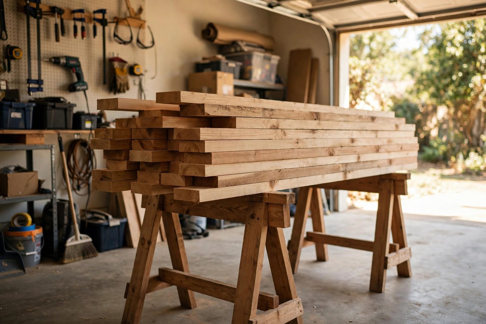 Wooden sawhorses with a stack of lumber in a garage