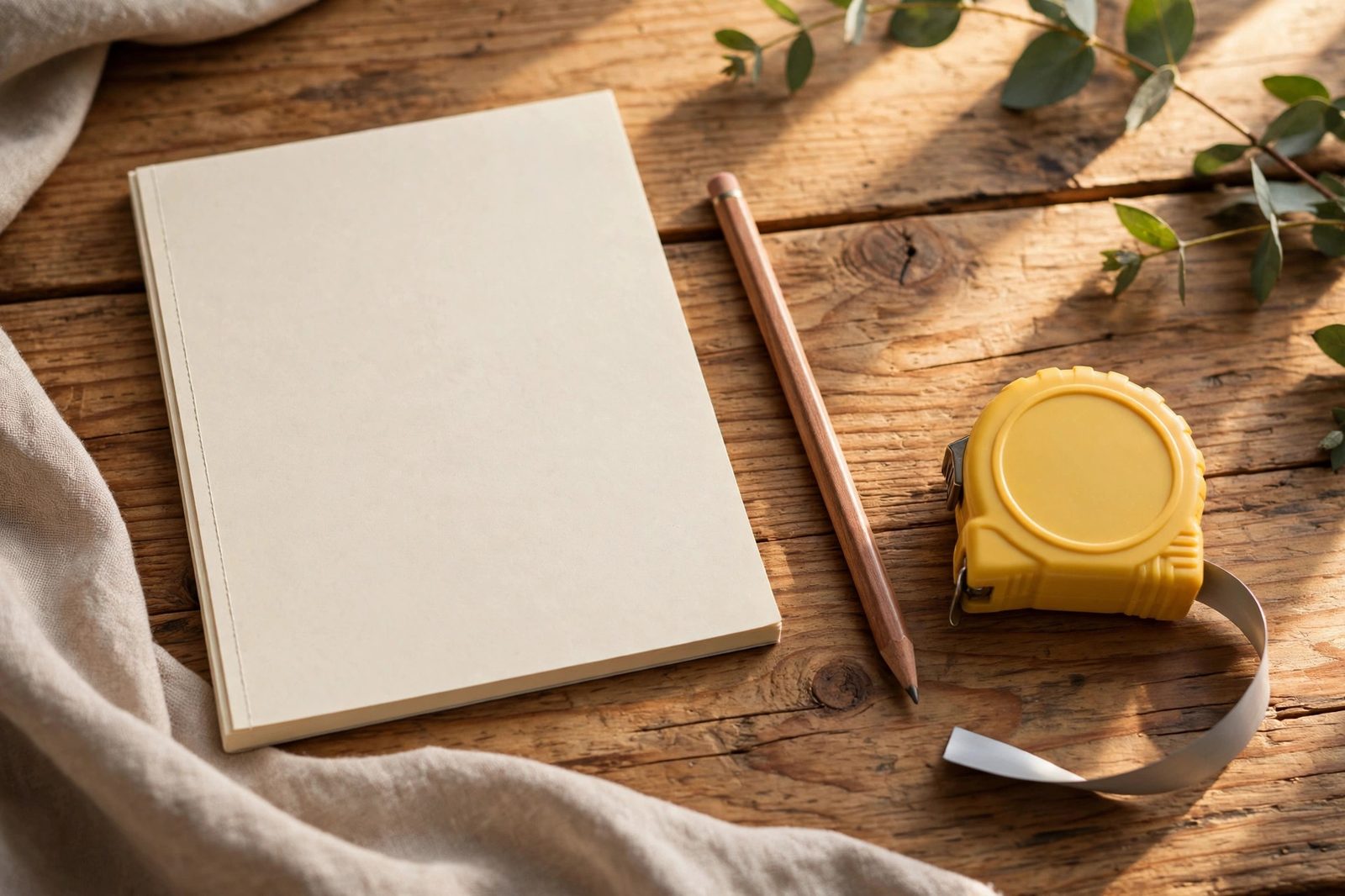 Blank notepad, pencil, and tape measure on a wooden table