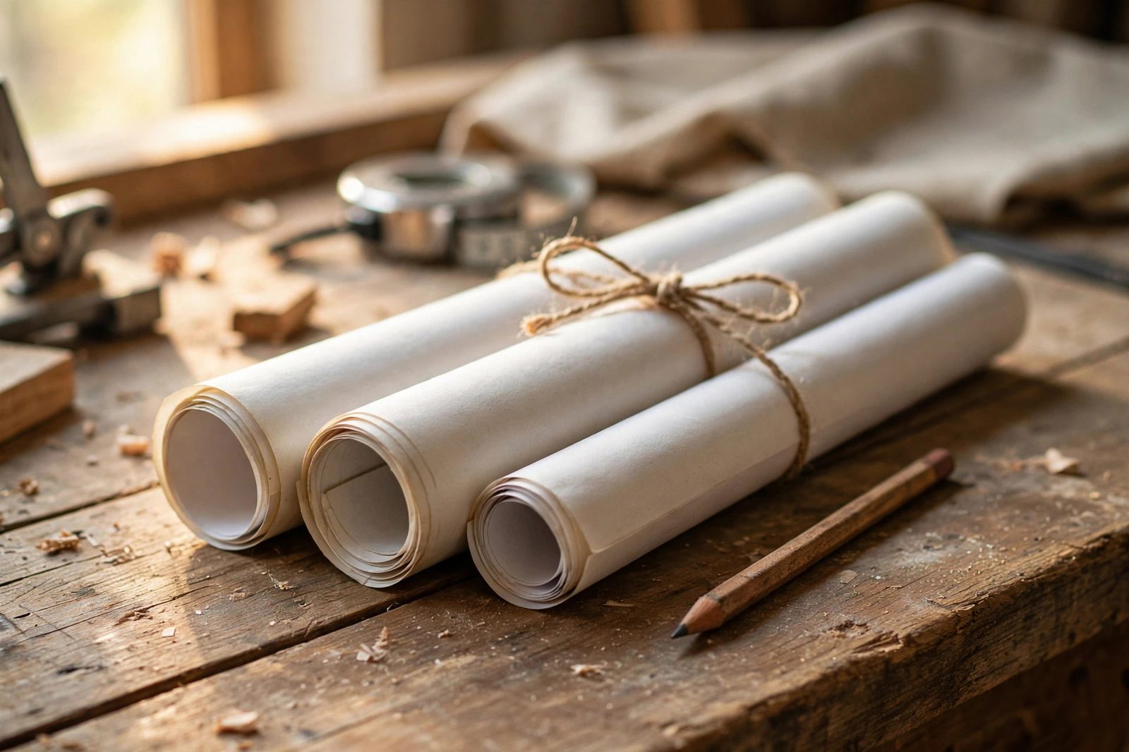 Rolled-up building plans tied with string on a workbench