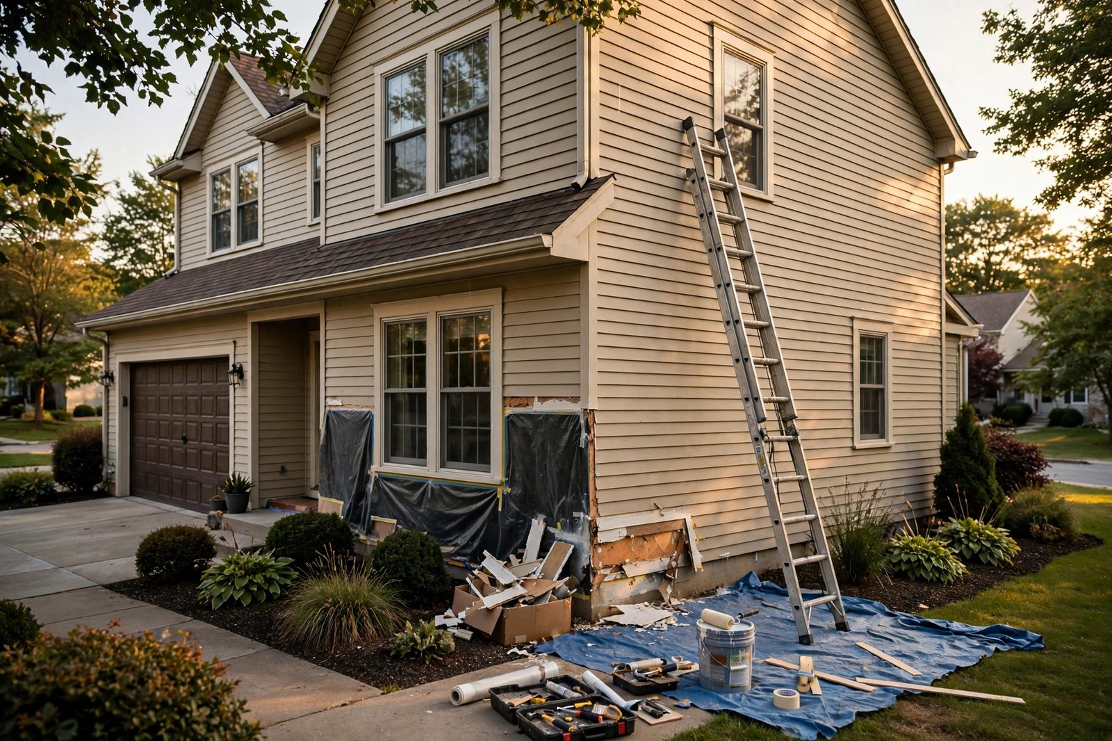Suburban house exterior with a ladder, renovation in progress